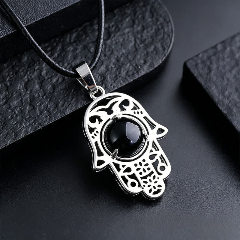 Nimara Ritual Natural Black Obsidian Hamsa Palm Inlay Crystal Strength Necklace