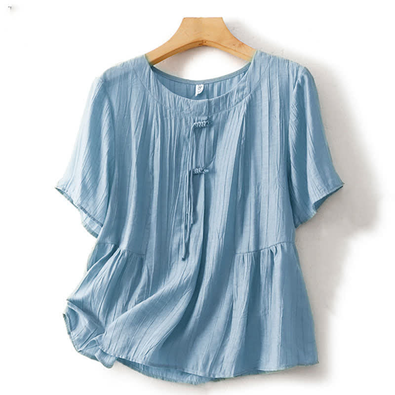 Nimara Ritual Summer Boho Buttons Solid Crew Neck Women's Short Sleeve Shirt
