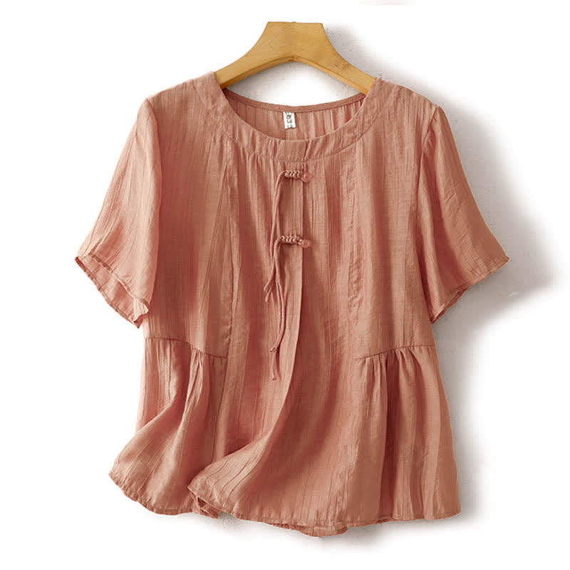 Nimara Ritual Summer Boho Buttons Solid Crew Neck Women's Short Sleeve Shirt