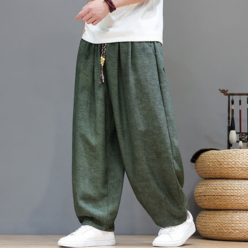 Nimara Ritual Summer Bohemian Drawstring Solid Plant Pattern Men's Harem Pants With Pockets