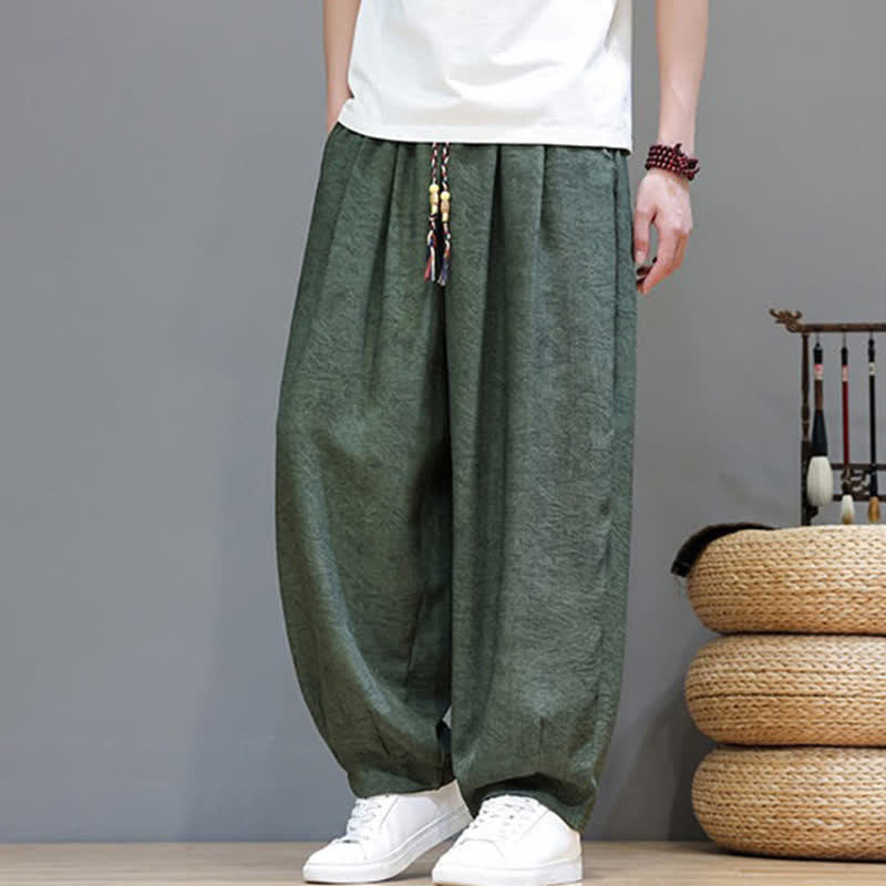 Nimara Ritual Summer Bohemian Drawstring Solid Plant Pattern Men's Harem Pants With Pockets