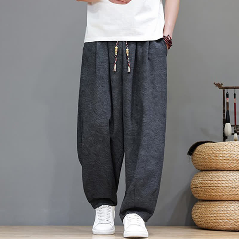 Nimara Ritual Summer Bohemian Drawstring Solid Plant Pattern Men's Harem Pants With Pockets
