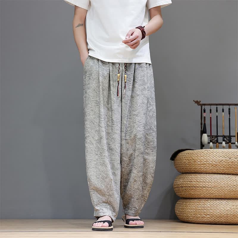 Nimara Ritual Summer Bohemian Drawstring Solid Plant Pattern Men's Harem Pants With Pockets