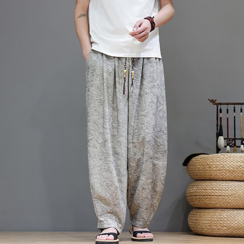 Nimara Ritual Summer Bohemian Drawstring Solid Plant Pattern Men's Harem Pants With Pockets