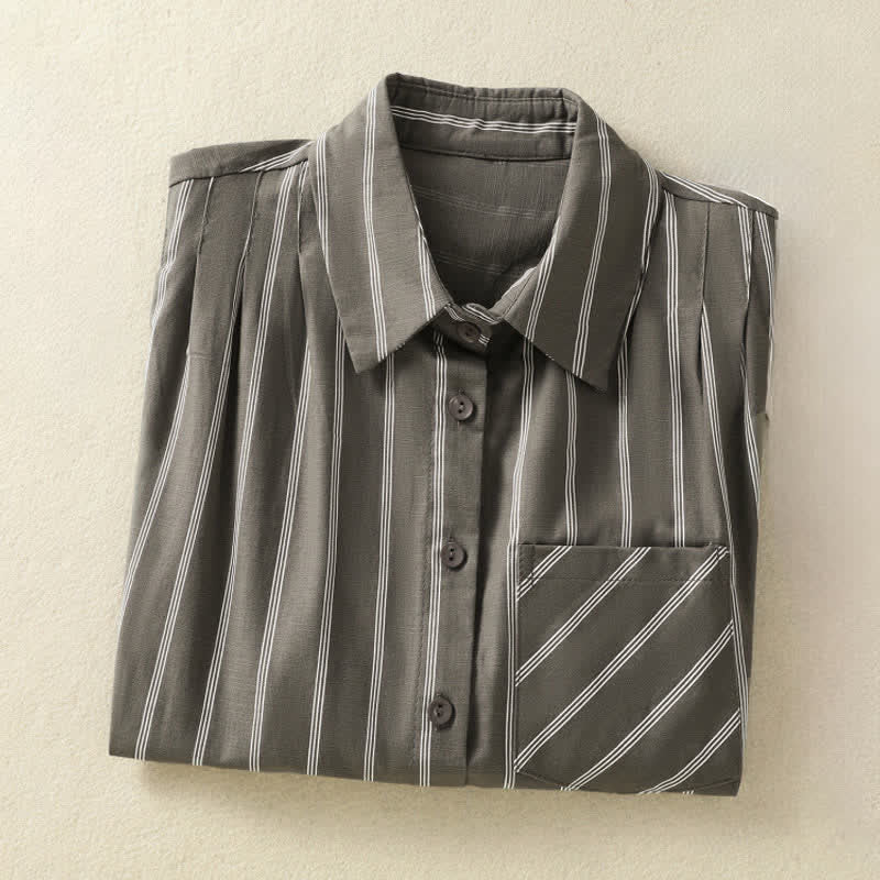 Nimara Ritual Summer Vintage Button-Up Striped Women's Sleeveless Shirts With Patch Pocket