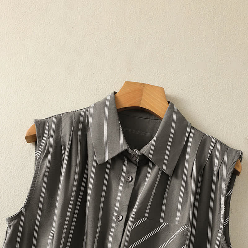 Nimara Ritual Summer Vintage Button-Up Striped Women's Sleeveless Shirts With Patch Pocket