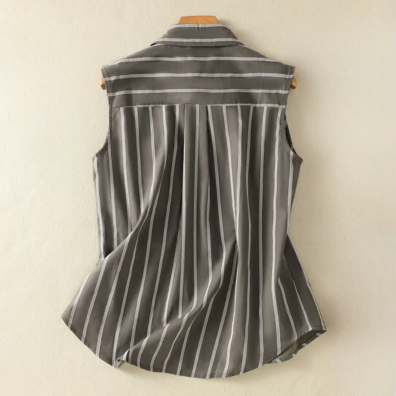 Nimara Ritual Summer Vintage Button-Up Striped Women's Sleeveless Shirts With Patch Pocket