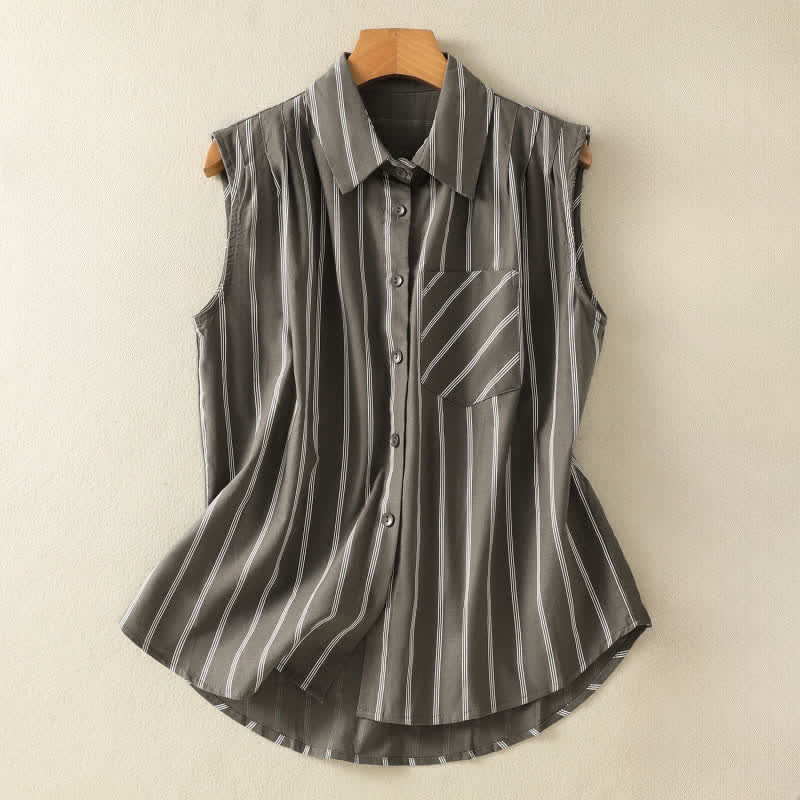 Nimara Ritual Summer Vintage Button-Up Striped Women's Sleeveless Shirts With Patch Pocket