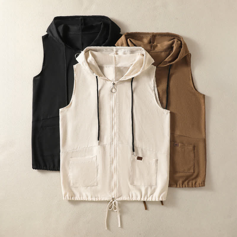 Nimara Ritual Summer Casual Drawstring Solid Zipper Design Women's Sleeveless Hooded Shirts With Pockets