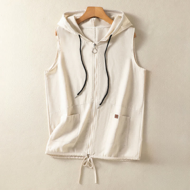 Nimara Ritual Summer Casual Drawstring Solid Zipper Design Women's Sleeveless Hooded Shirts With Pockets