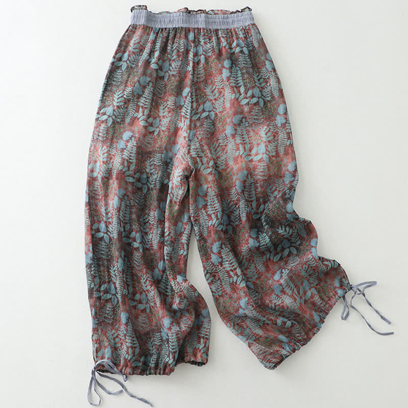 Nimara Ritual Summer Bohemian Drawstring Leaf Print Women's Straight Leg Pants With Pockets