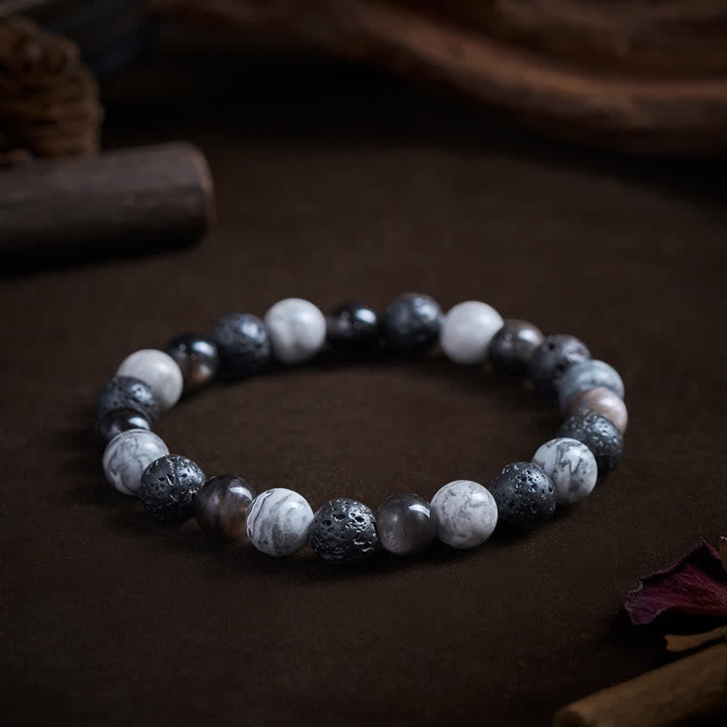 Support and Strength Black Obsidian Lava Rock Picasso Jasper Beads Bracelet