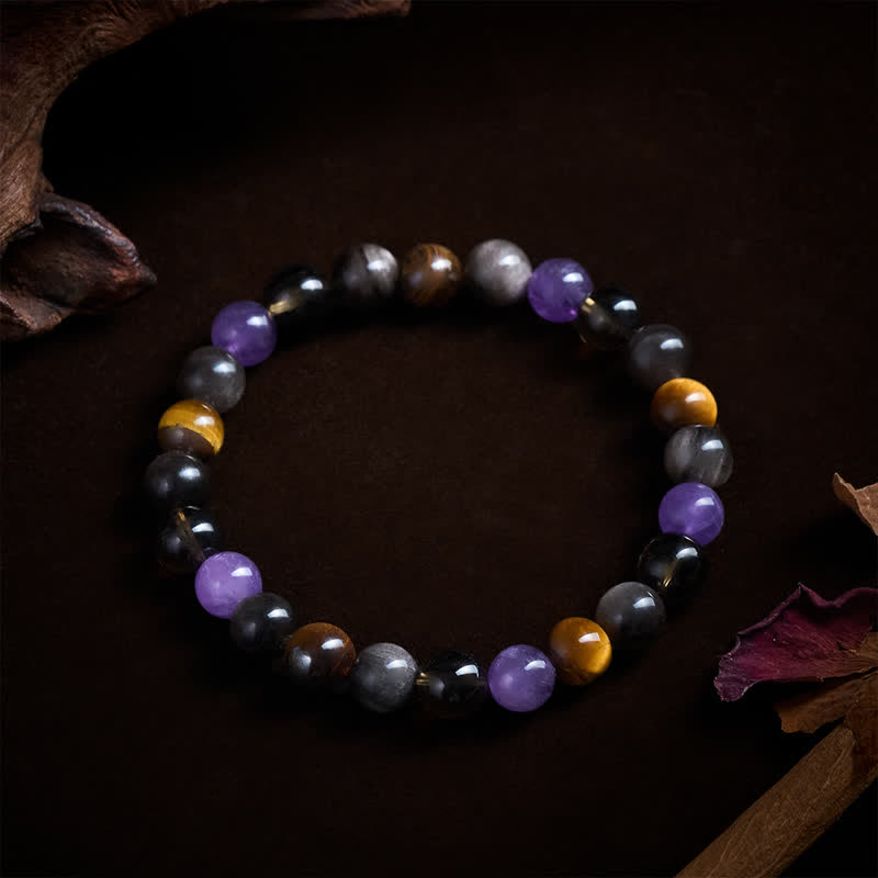 Inner Peace and Healing Natural Amethyst Tiger Eye Black Obsidian Smoky Quartz Bracelet