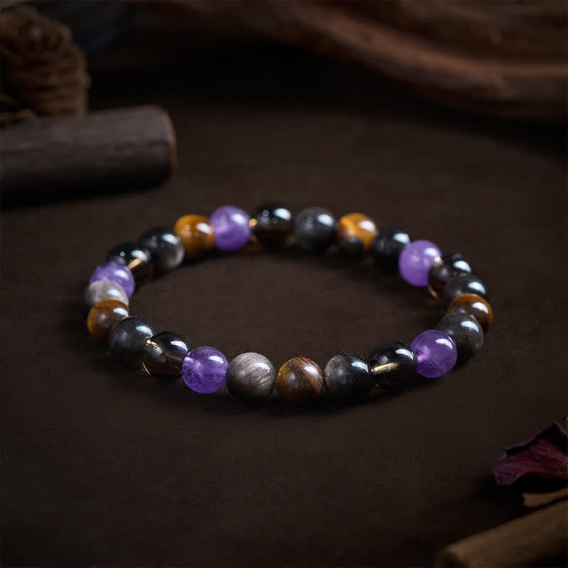 Inner Peace and Healing Natural Amethyst Tiger Eye Black Obsidian Smoky Quartz Bracelet