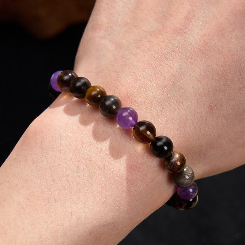 Inner Peace and Healing Natural Amethyst Tiger Eye Black Obsidian Smoky Quartz Bracelet
