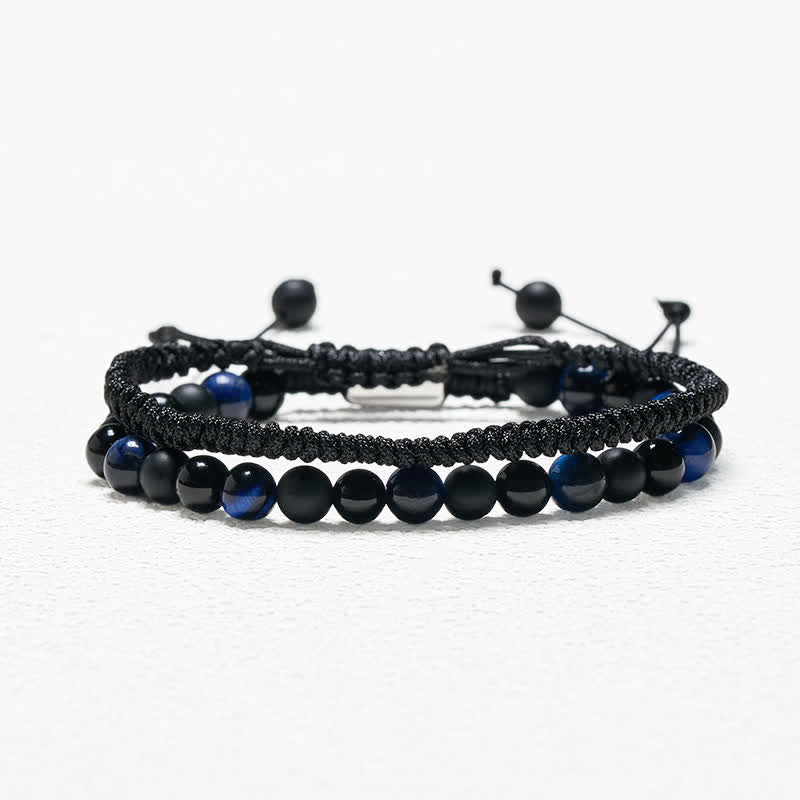 Nimara Ritual 2Pcs Natural Tiger Eye Black Obsidian Protection String Bracelet