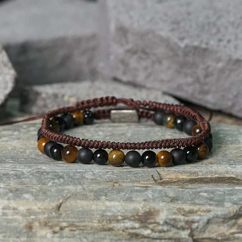 Nimara Ritual 2Pcs Natural Tiger Eye Black Obsidian Protection String Bracelet