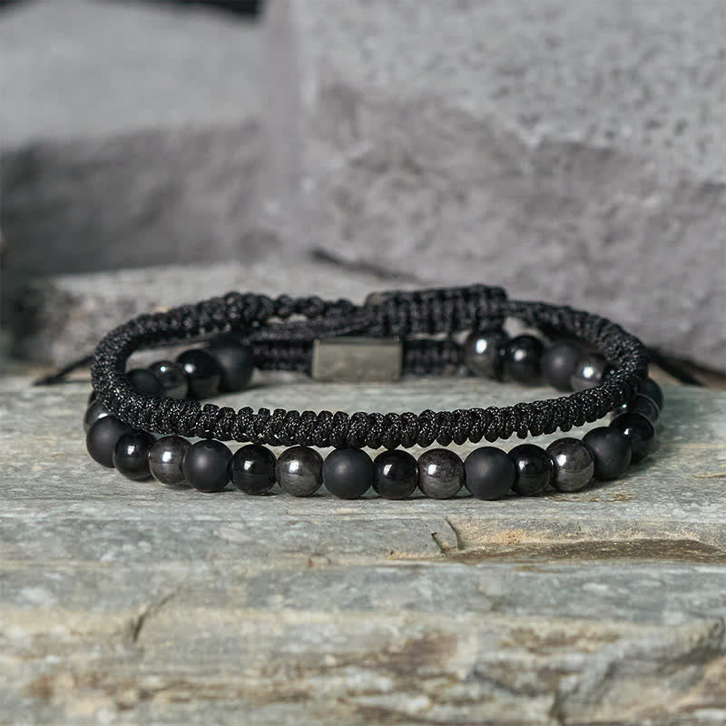 Nimara Ritual 2Pcs Natural Tiger Eye Black Obsidian Protection String Bracelet