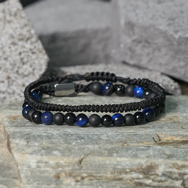 Nimara Ritual 2Pcs Natural Tiger Eye Black Obsidian Protection String Bracelet