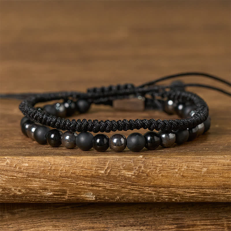 Nimara Ritual 2Pcs Natural Tiger Eye Black Obsidian Protection String Bracelet