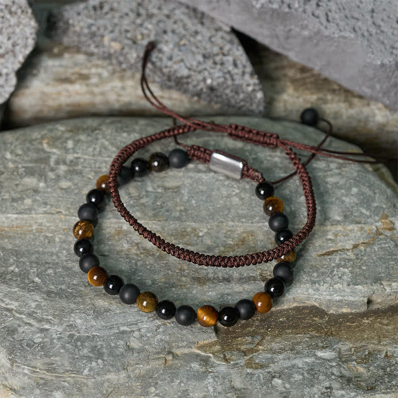 Nimara Ritual 2Pcs Natural Tiger Eye Black Obsidian Protection String Bracelet