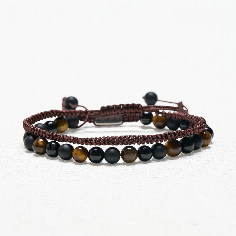 Nimara Ritual 2Pcs Natural Tiger Eye Black Obsidian Protection String Bracelet