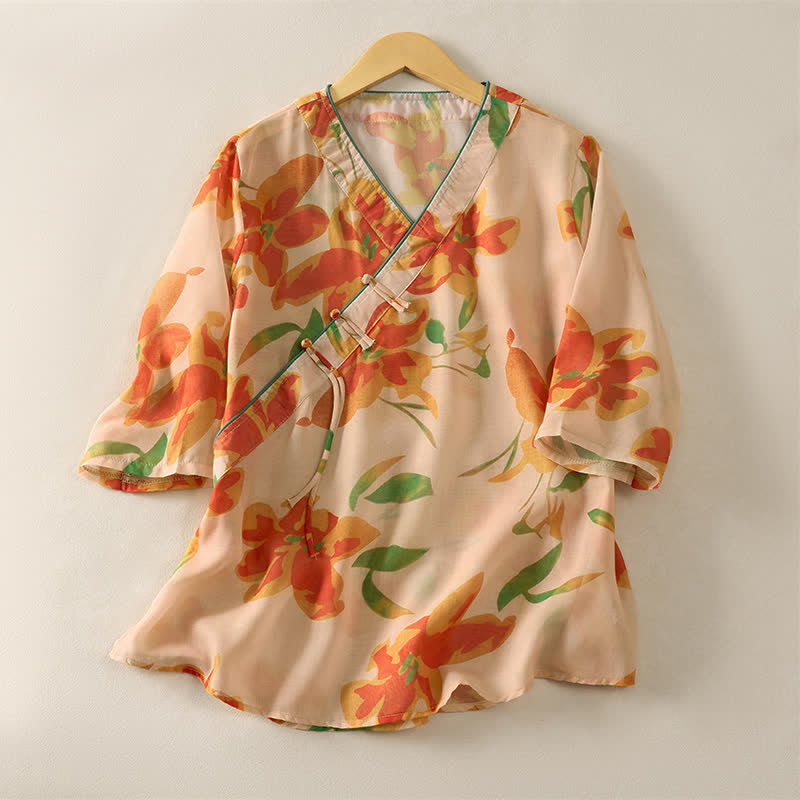 Nimara Ritual Summer Tang Style Floral V-Neck Women's Short Sleeve Shirts