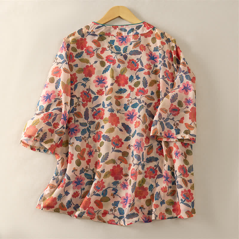Nimara Ritual Summer Tang Style Floral V-Neck Women's Short Sleeve Shirts