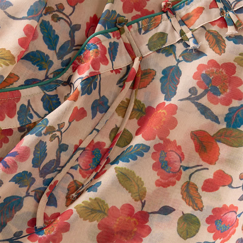 Nimara Ritual Summer Tang Style Floral V-Neck Women's Short Sleeve Shirts