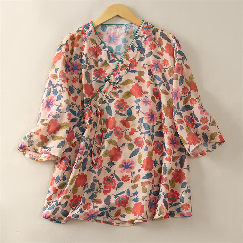 Nimara Ritual Summer Tang Style Floral V-Neck Women's Short Sleeve Shirts