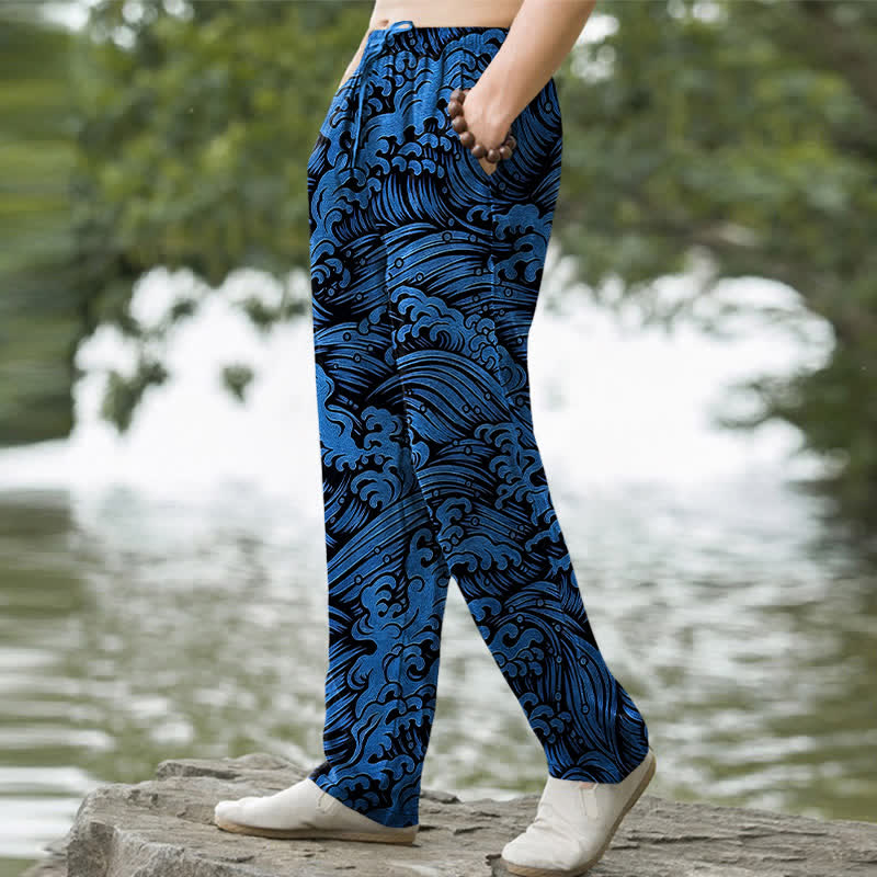 Nimara Ritual Cotton Ocean Wave Pattern Men's Tapered Pants With Pockets