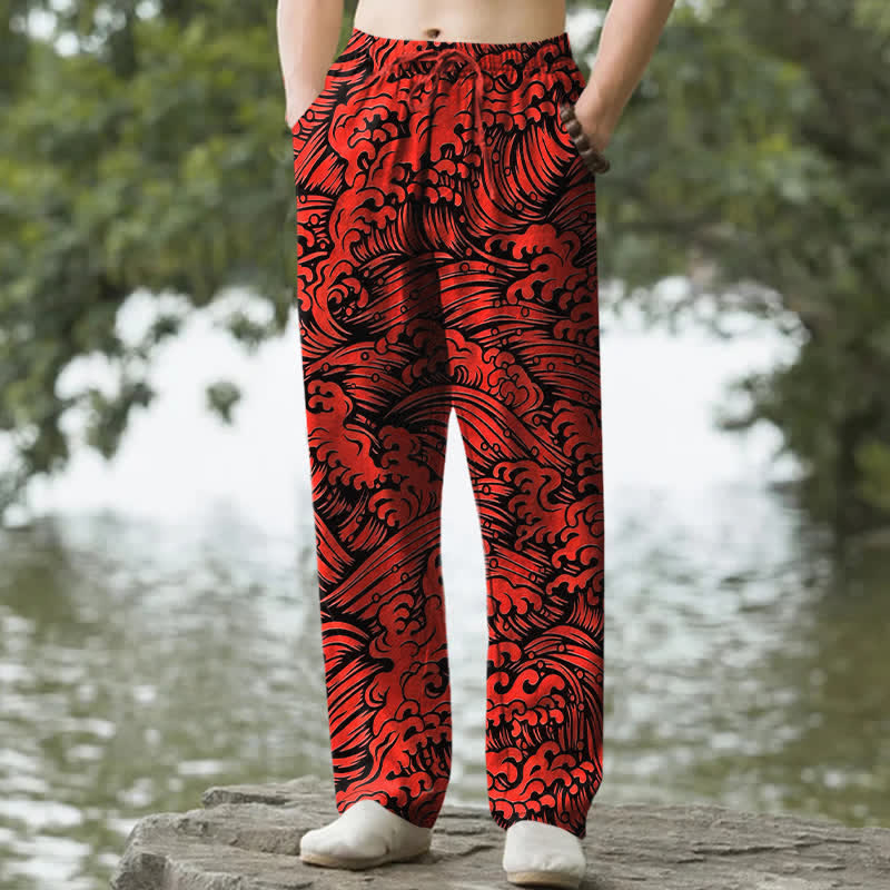 Nimara Ritual Cotton Ocean Wave Pattern Men's Tapered Pants With Pockets