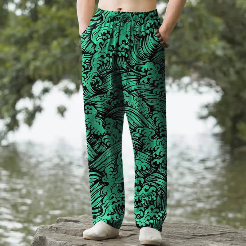 Nimara Ritual Cotton Ocean Wave Pattern Men's Tapered Pants With Pockets