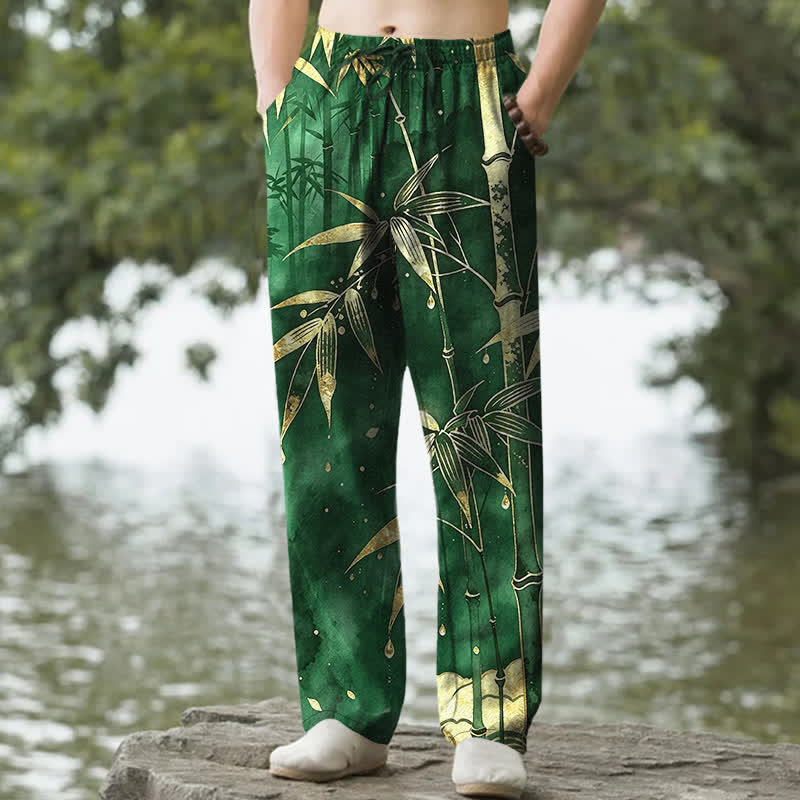 Nimara Ritual Cotton Golden Bamboo Leaf Pattern Men's Tapered Pants With Pockets