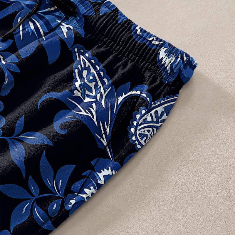 Nimara Ritual Cotton Blue Floral Paisley Pattern Men's Tapered Pants With Pockets