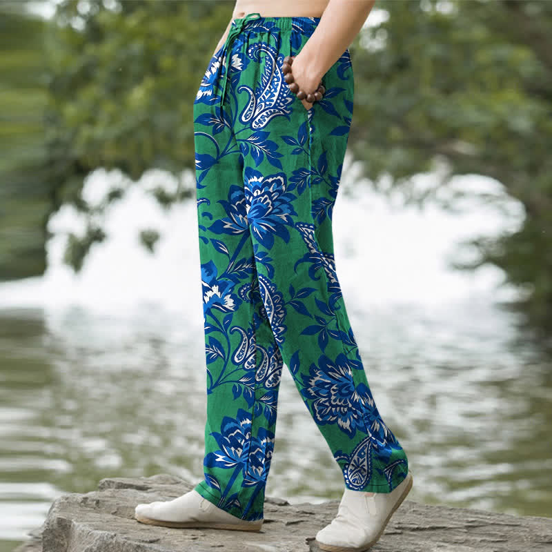 Nimara Ritual Cotton Blue Floral Paisley Pattern Men's Tapered Pants With Pockets