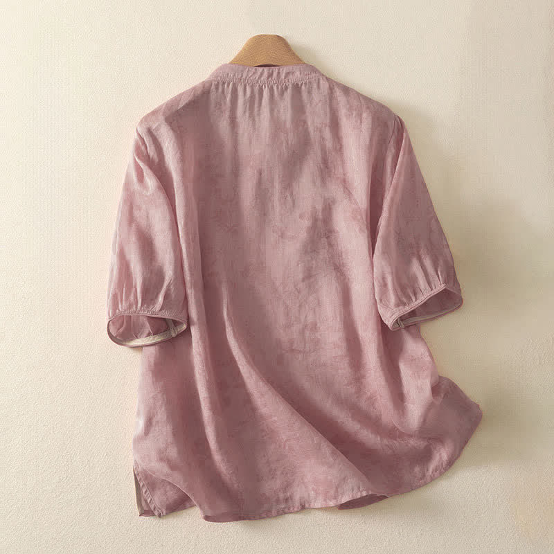 Nimara Ritual Summer Tang Style Embroidery Flowers Mandarin Collar Solid Women's Short Sleeve Shirt