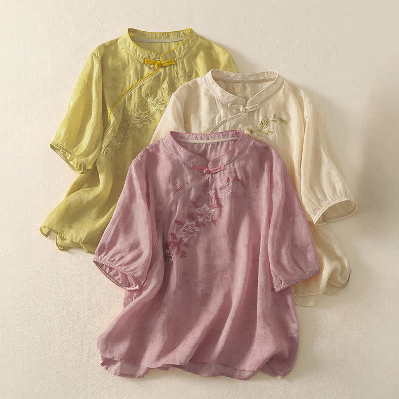 Nimara Ritual Summer Tang Style Embroidery Flowers Mandarin Collar Solid Women's Short Sleeve Shirt