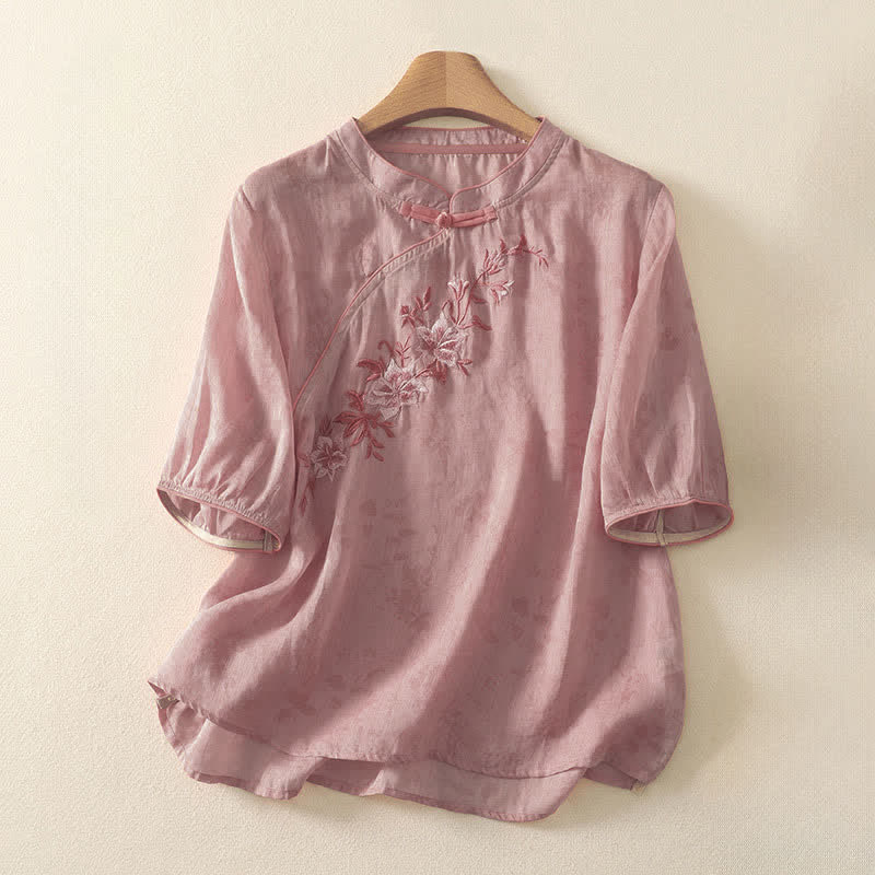 Nimara Ritual Summer Tang Style Embroidery Flowers Mandarin Collar Solid Women's Short Sleeve Shirt