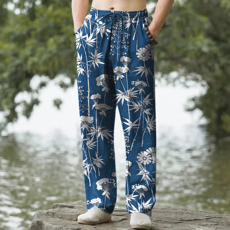 Nimara Ritual Cotton Bamboo Leaf Floral Pattern Men's Tapered Pants With Pockets