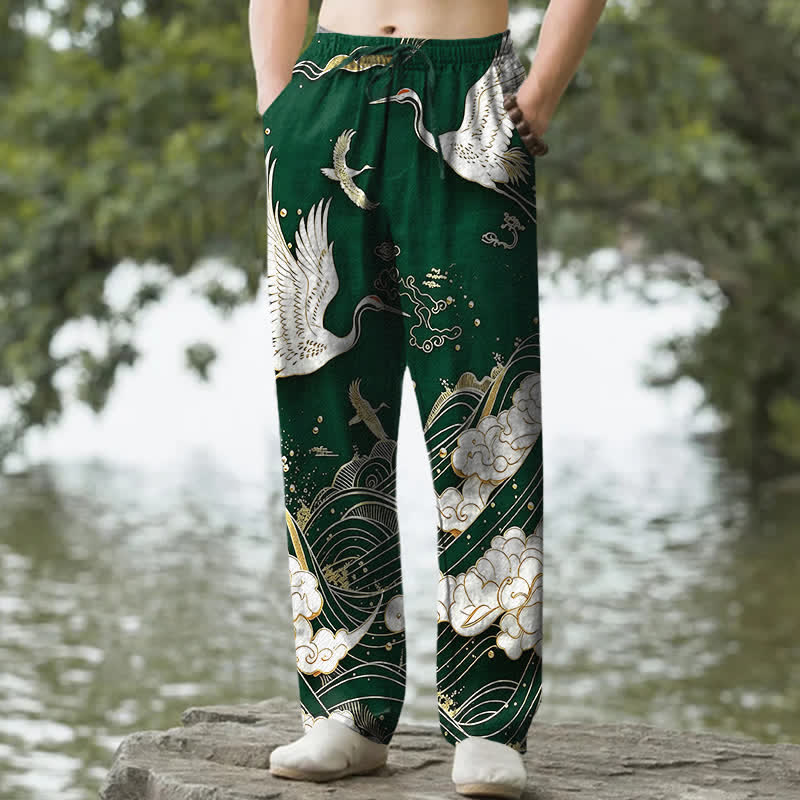 Nimara Ritual Cotton White Crane Wave Pattern Men's Tapered Pants With Pockets
