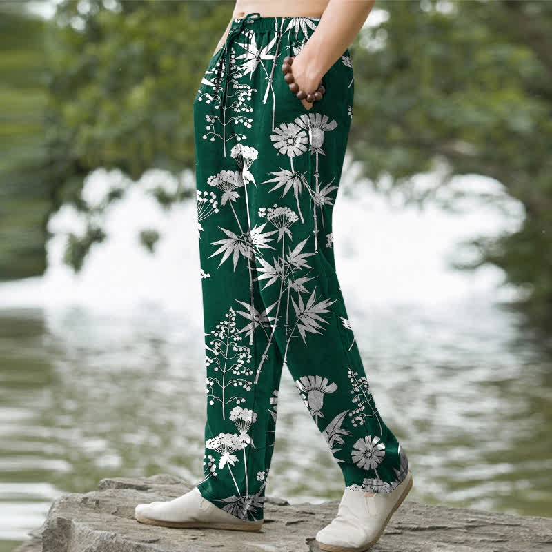 Nimara Ritual Cotton Bamboo Leaf Floral Pattern Men's Tapered Pants With Pockets