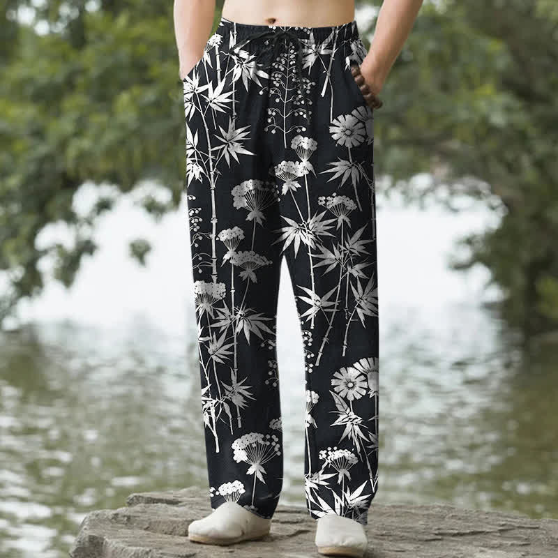 Nimara Ritual Cotton Bamboo Leaf Floral Pattern Men's Tapered Pants With Pockets