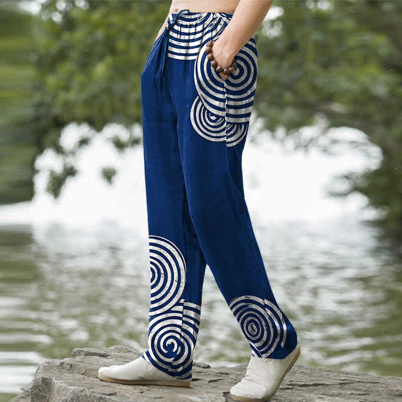 Nimara Ritual Pure Cotton Concentric Circle Pattern Men's Tapered Pants With Pockets