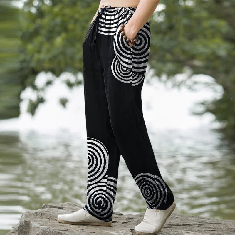 Nimara Ritual Pure Cotton Concentric Circle Pattern Men's Tapered Pants With Pockets