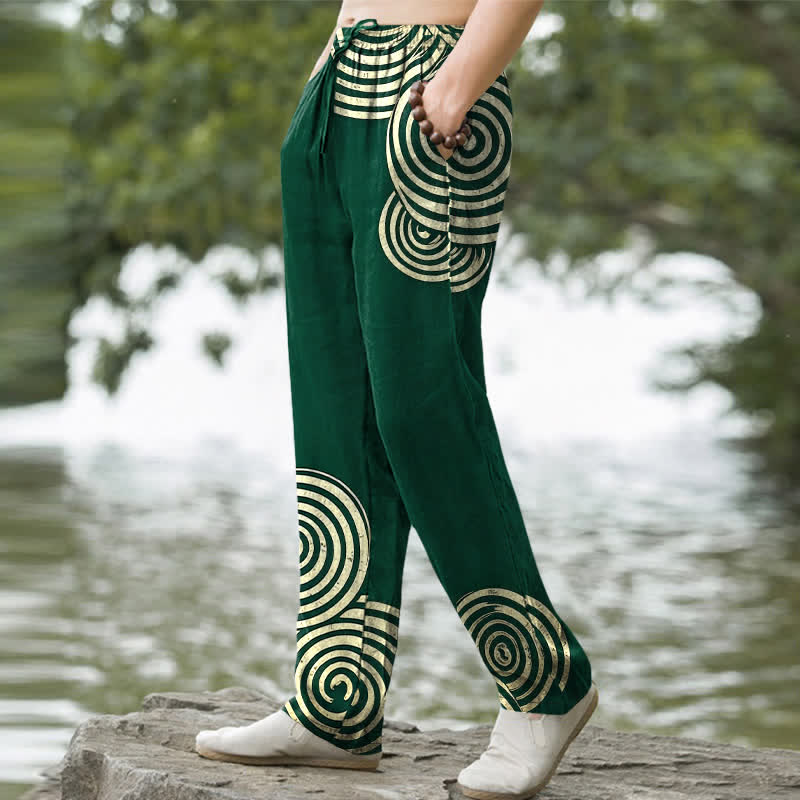 Nimara Ritual Pure Cotton Concentric Circle Pattern Men's Tapered Pants With Pockets