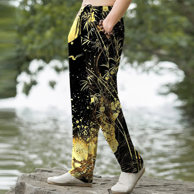 Nimara Ritual Cotton Golden Moon Bamboo Pattern Men's Tapered Pants With Pockets