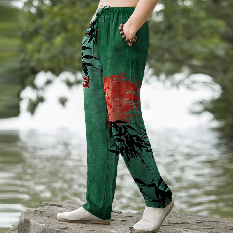 Nimara Ritual Cotton Ink Bamboo Sun Pattern Men's Tapered Pants With Pockets