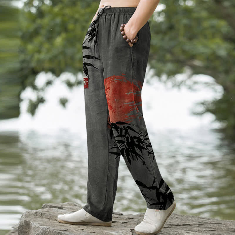 Nimara Ritual Cotton Ink Bamboo Sun Pattern Men's Tapered Pants With Pockets