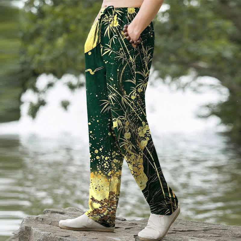 Nimara Ritual Cotton Golden Moon Bamboo Pattern Men's Tapered Pants With Pockets